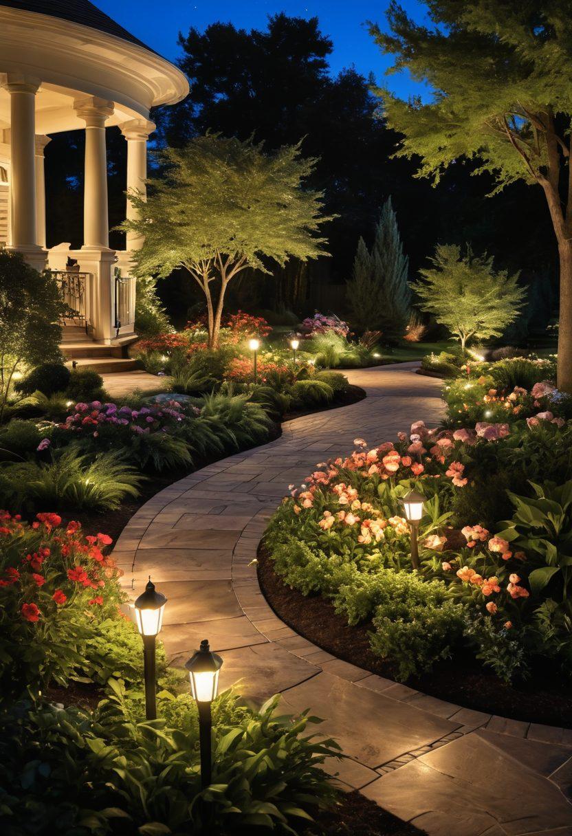 A beautifully lit outdoor garden at dusk, featuring elegant landscape lighting highlighting various trees, pathways, and flower beds. The glow of the lights creates a warm and inviting atmosphere, symbolizing safety and investment in quality lighting. Incorporate subtle visual elements representing insurance, like a shield or umbrella, blending harmoniously with the scenery. Include a starry night sky for added depth. super-realistic. vibrant colors. evening setting.