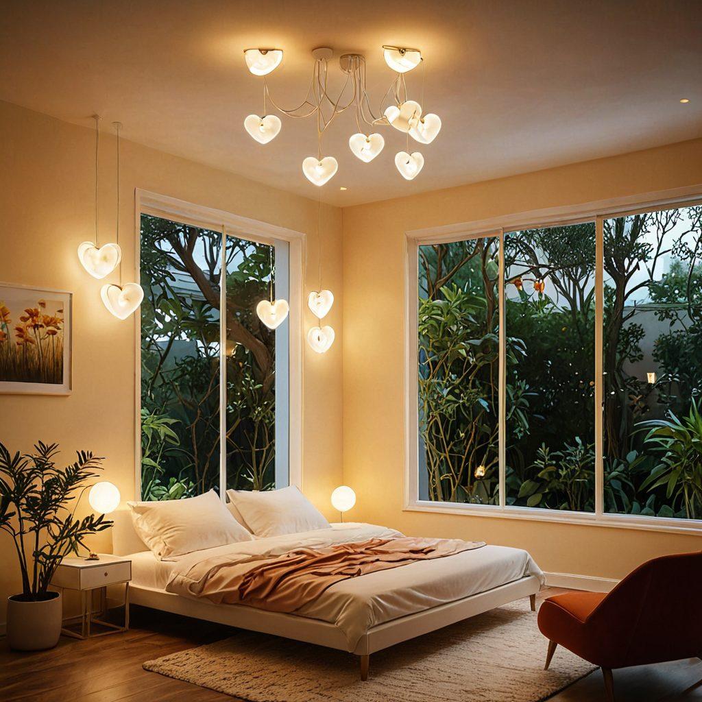 A serene living space illuminated by soft, warm lighting, showcasing various light fixtures, with a visual representation of love and protection symbolized by heart shapes intertwined with light cables. In the background, an open window reveals a peaceful garden scene, embodying tranquility and warmth. This scene should evoke feelings of safety and comfort, emphasizing the connection between love, light, and peace of mind. super-realistic. warm colors. soft focus.
